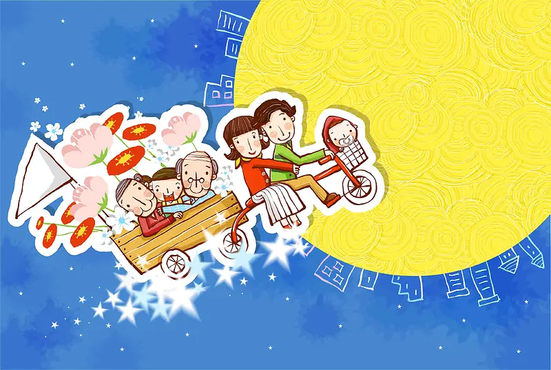 韩式清新幸福家庭一家人马车月亮海报背景