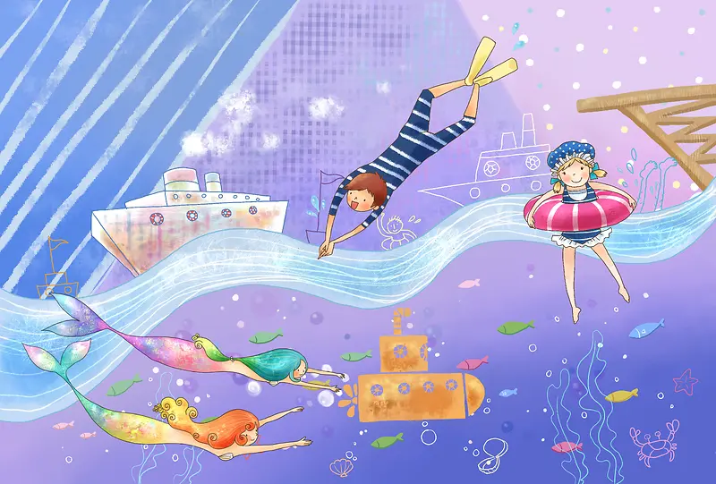 两个在有美人鱼的海洋里游泳图片