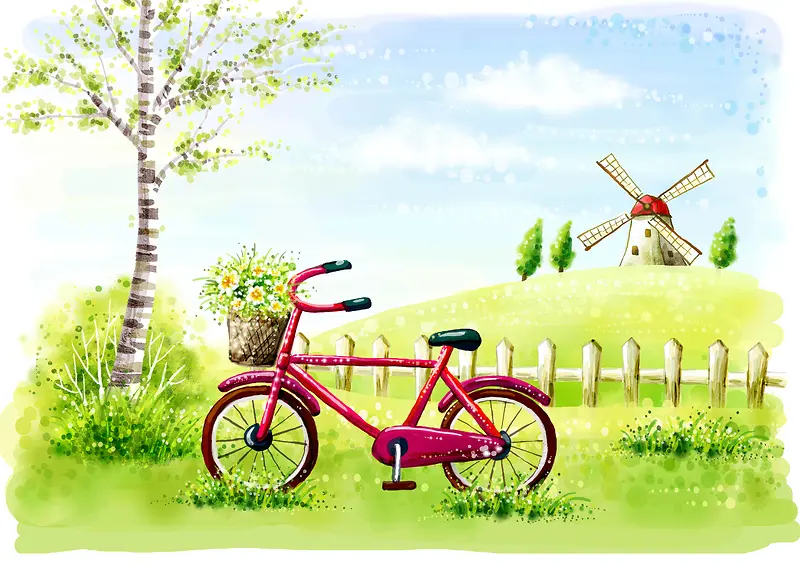 手绘幼儿园插画风车白桦自行车