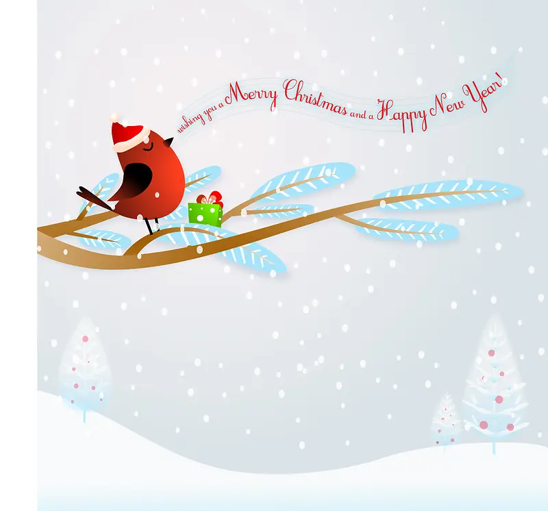 圣诞节飘雪树枝小鸟背景素材