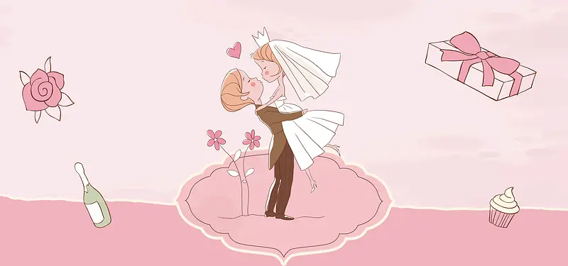 西式婚礼卡通粉色banner背景