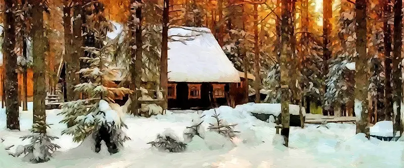 油画 树林 村庄 雪景 夜晚 炊烟 烟囱