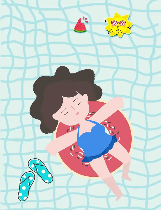 再见夏天泳池可爱女孩手绘插画创意
