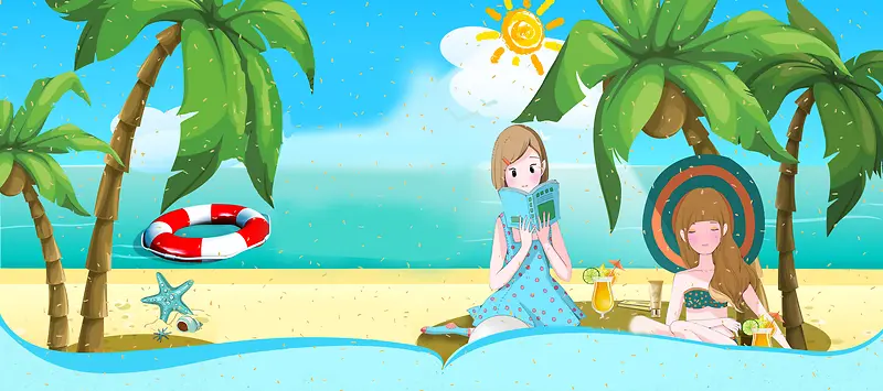 夏季海边闺蜜度假文艺手绘蓝色背景