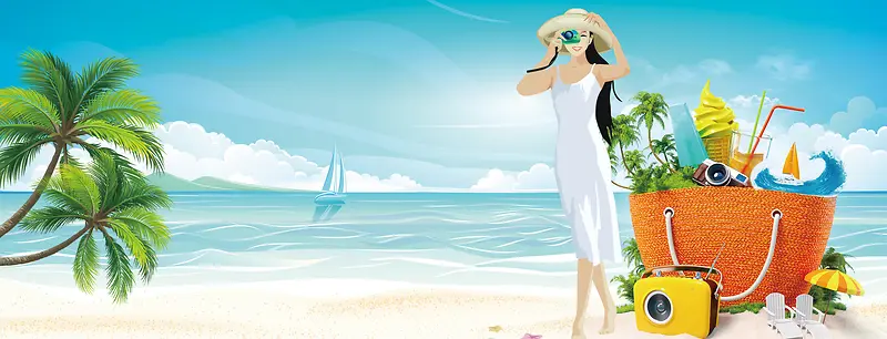 暑假海边派对卡通美女手绘椰树蓝天白云背景