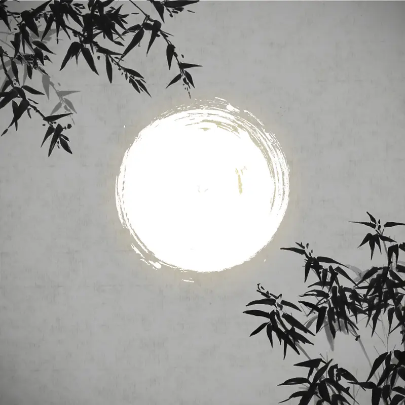 月圆与竹子国画矢量背景素材