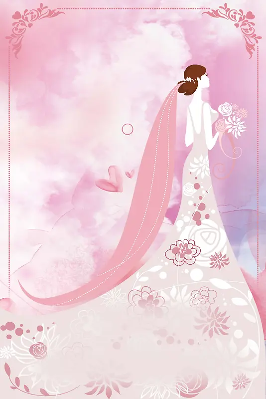 小清新水墨画手绘水彩爱情婚礼婚庆展板背景