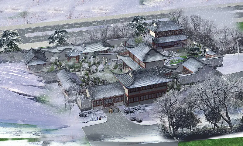 白雪覆盖的中国古典建筑庭院
