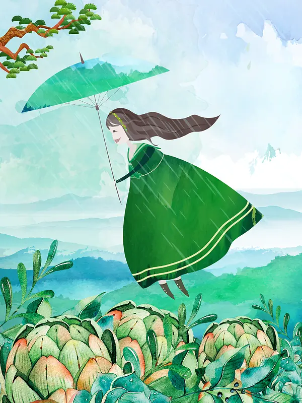 手绘插画中国传统24节气雨水海报背景素材