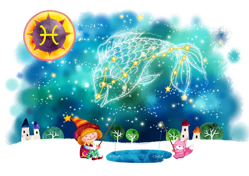 十二星座双鱼卡通图案绿色背景素材