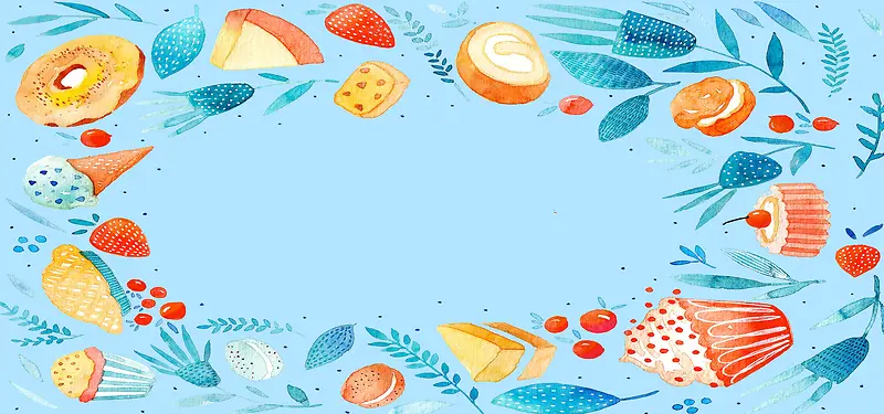 夏日蓝色文艺清新食品元素广告促销海报背景