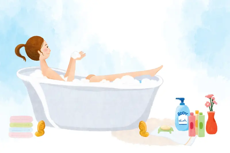在阳光下泡在浴盆里泡澡的幸福卡通图片