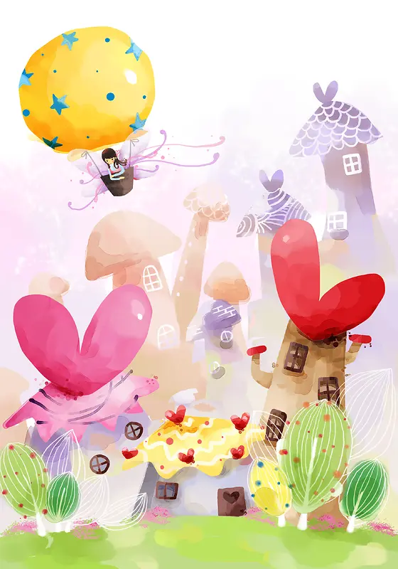 梦幻卡通城堡手绘花卉女孩背景素材