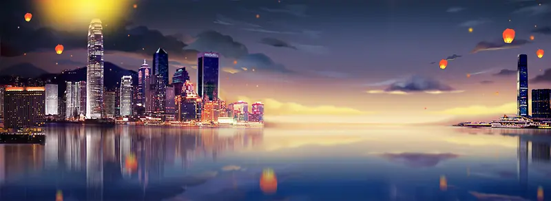 蓝色唯美城市夜景江边背景
