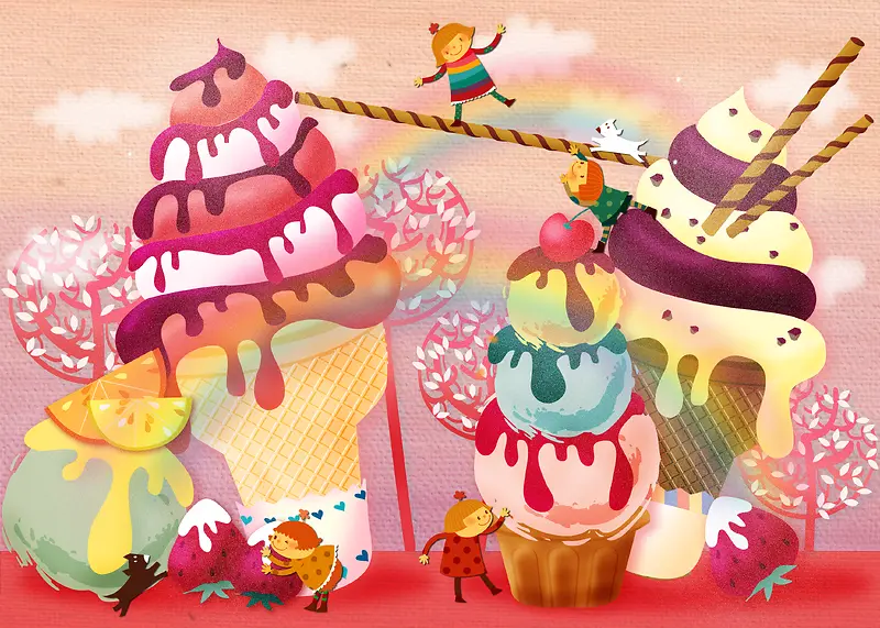 手绘卡通儿童冰淇淋水果印刷背景