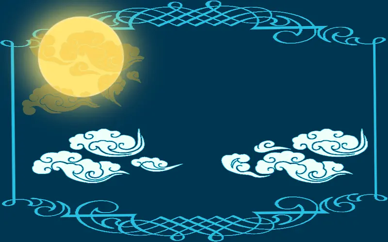 中国风国风边框花纹蓝色底色圆月元宵节背景