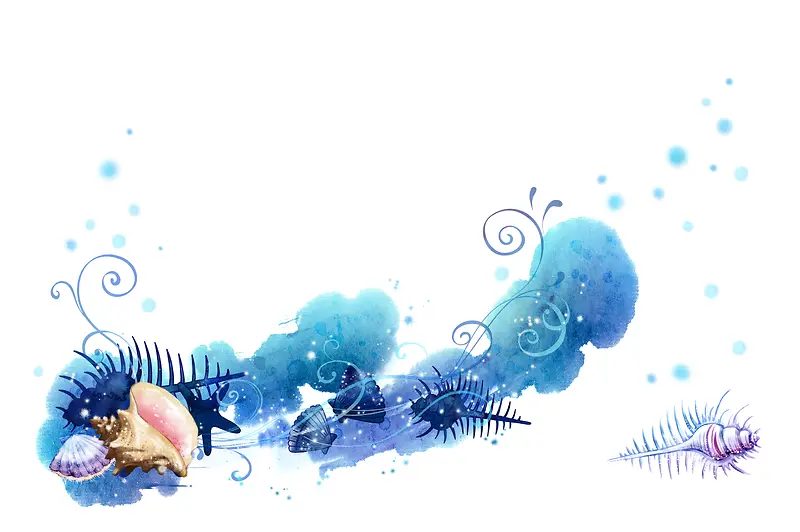 手绘蓝色海螺海洋水彩印刷背景