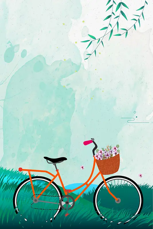浅绿色手绘小清新春季上新单车春天背景