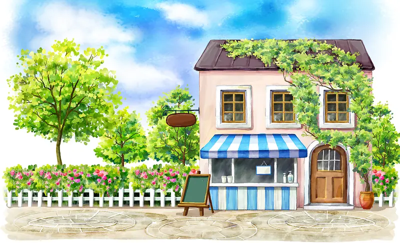 手绘幼儿园插画店铺篱笆黑板蓝天
