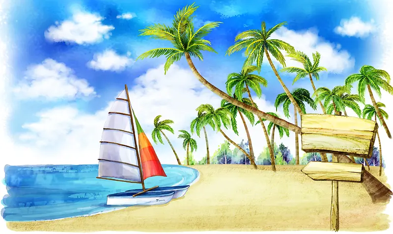 手绘幼儿园插画沙滩帆船路标棕榈