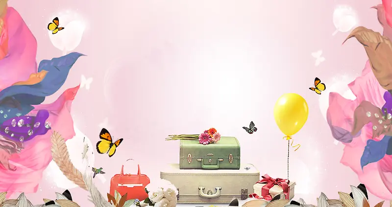 粉色温馨手绘插画花卉蝴蝶新品海报背景素材