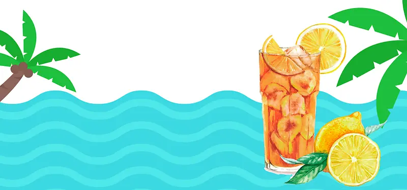 夏日酷饮卡通椰树海浪橙汁背景