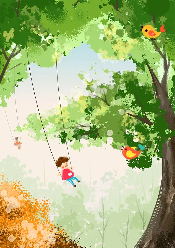 彩色手绘森林卡通少女秋千背景素材