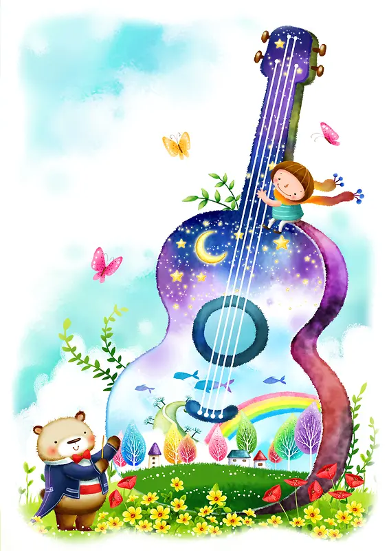 弹吉他的小熊儿童海报背景素材