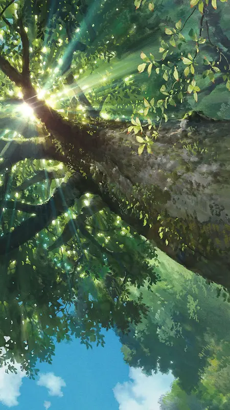阳光直射彩绘大树背景