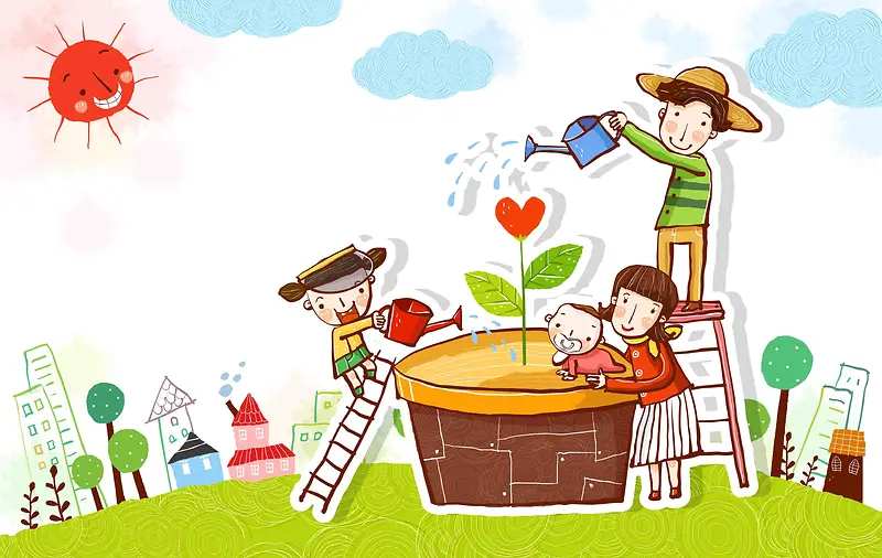 韩式清新幸福家庭一家人浇花灌溉海报背景