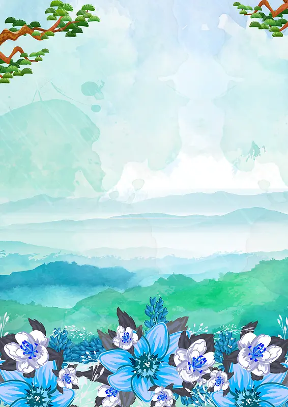 蓝色手绘插画花卉清明节背景素材