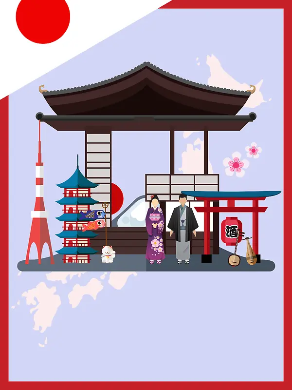 紫色矢量扁平化日本旅游海报背景
