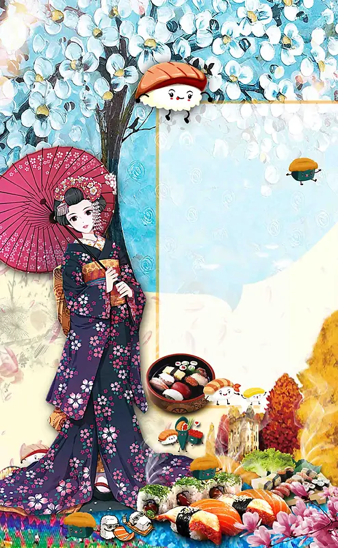 寿司插画美食海报背景模板