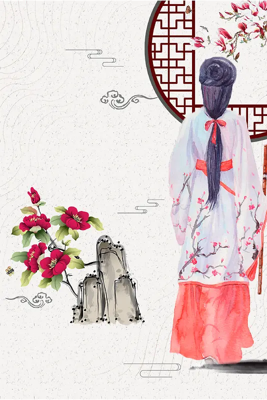 白色手绘中国风地产古典美女背景