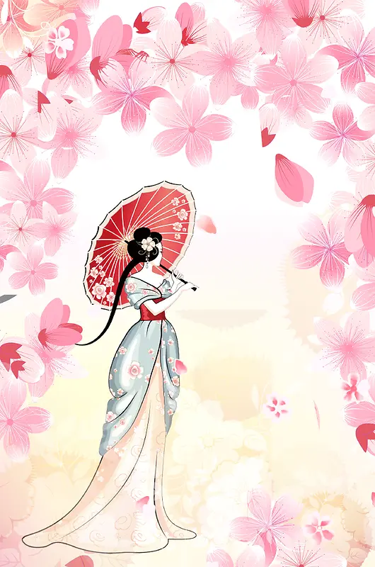 女生节粉色手绘日本少女樱花浪漫背景