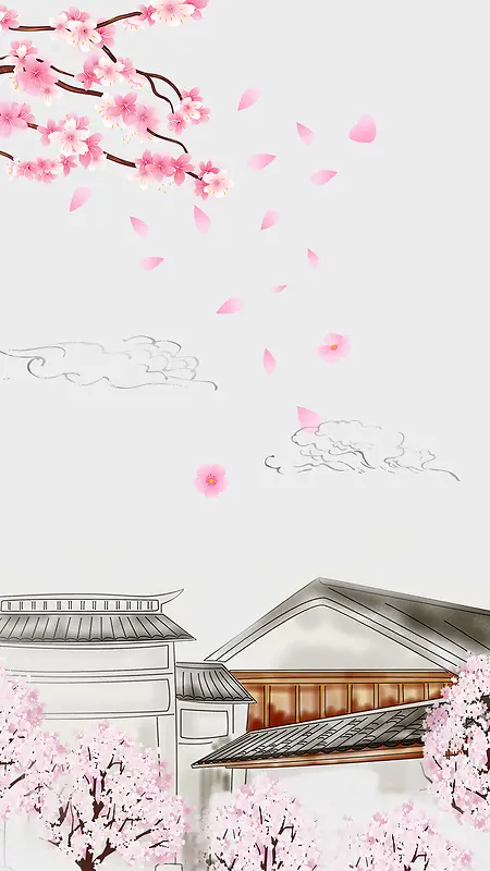 樱花节中国风手绘H5海报背景psd下载