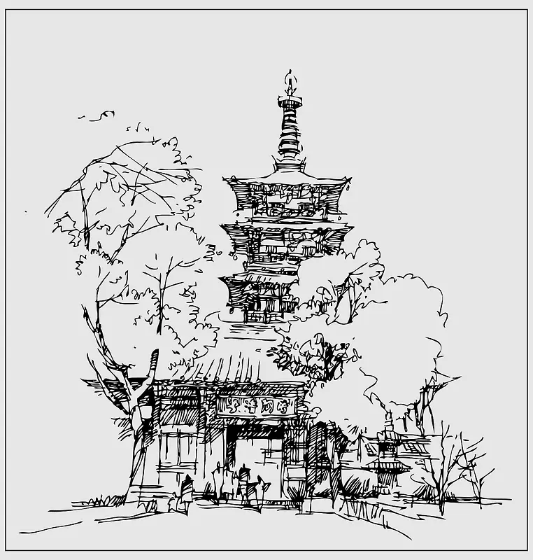 古建筑古寺庙简笔画