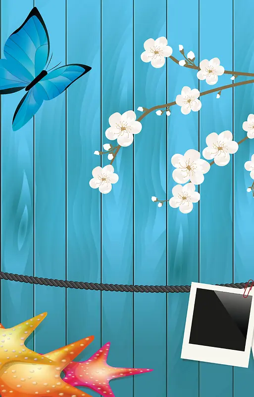 蓝色木板上的蝴蝶和花朵背景素材