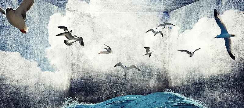 水彩复古风大海海鸥设计背景