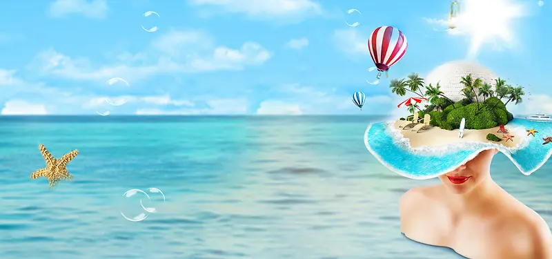 夏天马尔代夫海边度假创意帽子蓝色背景