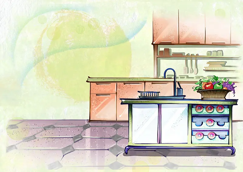 手绘水彩厨房家居海报背景素材