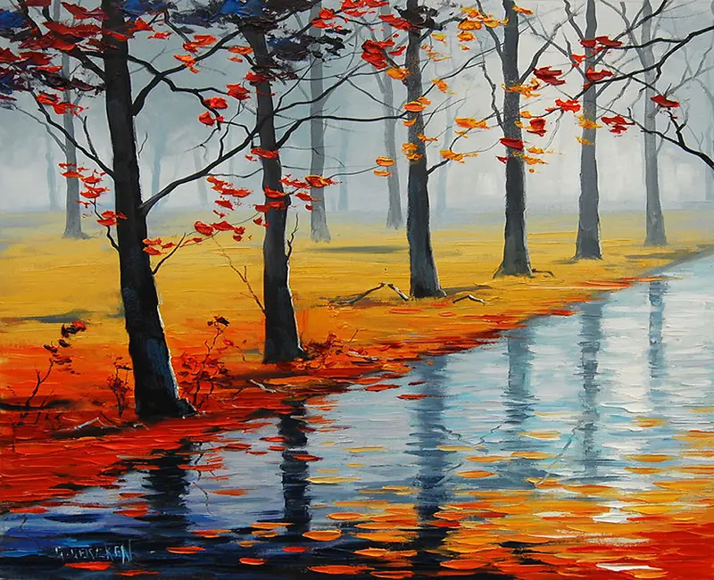 秋天河边油画背景