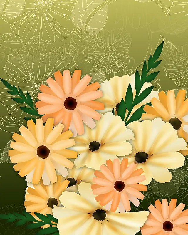 淡绿花纹图案背景多束花朵与绿叶组成的图片