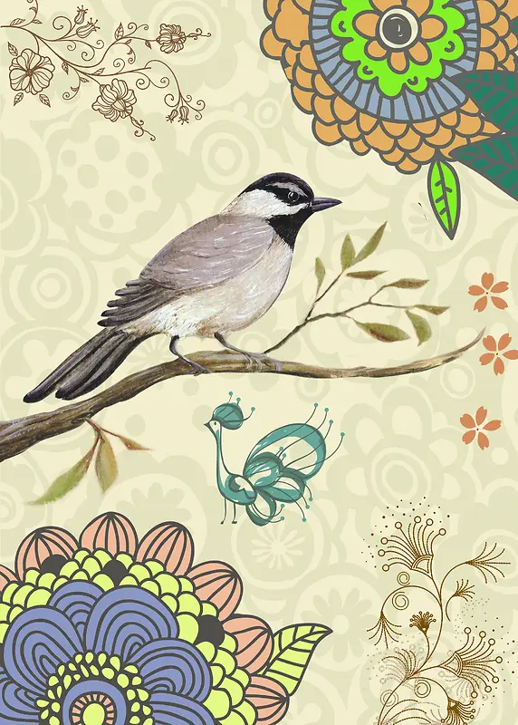复古手绘鸟类壁纸底纹背景素材