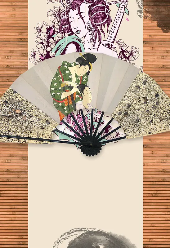 木质纹理折扇日本文化旅游海报背景素材