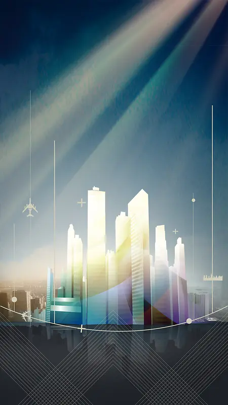 蓝色质感都市建筑H5背景素材