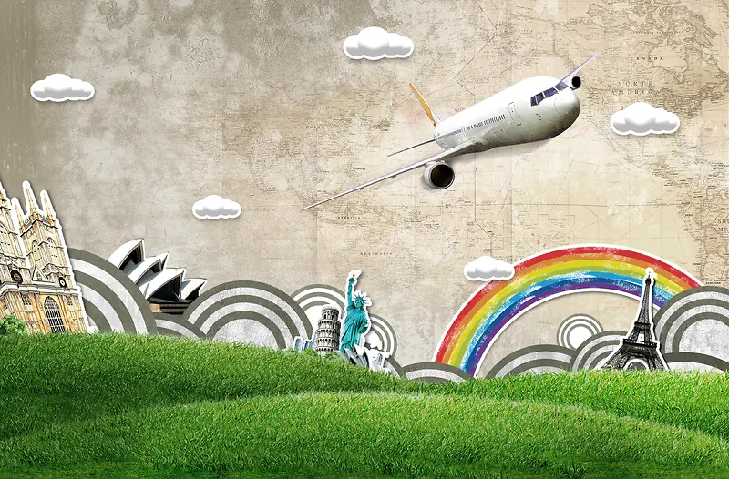 手绘彩虹背景飞机起飞的现代科技图片