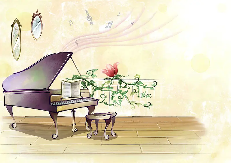 水彩钢琴手绘背景