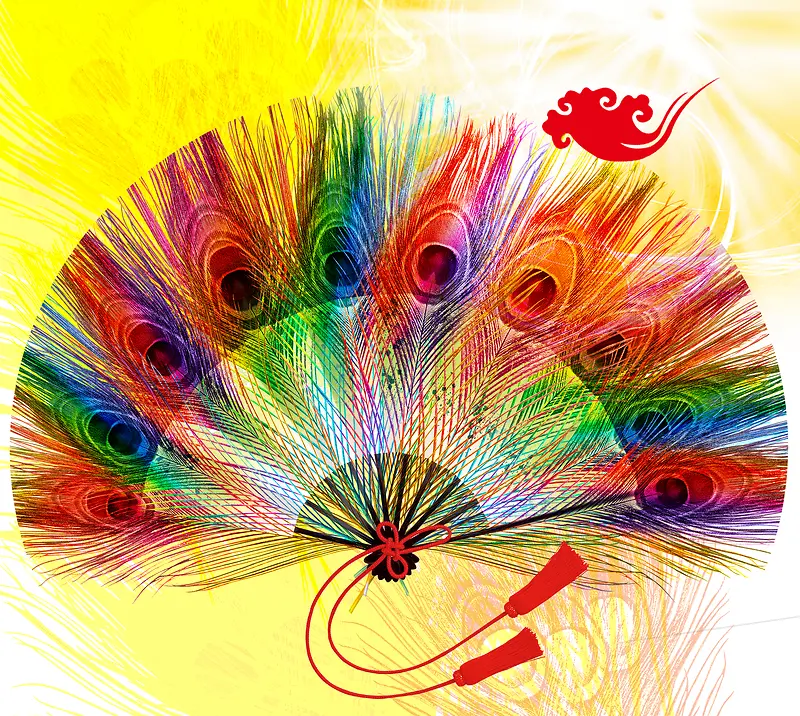中国风彩色孔雀羽毛扇背景素材