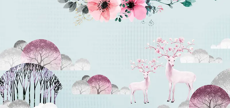 欧式手绘水彩花卉鹿树林背景墙壁画